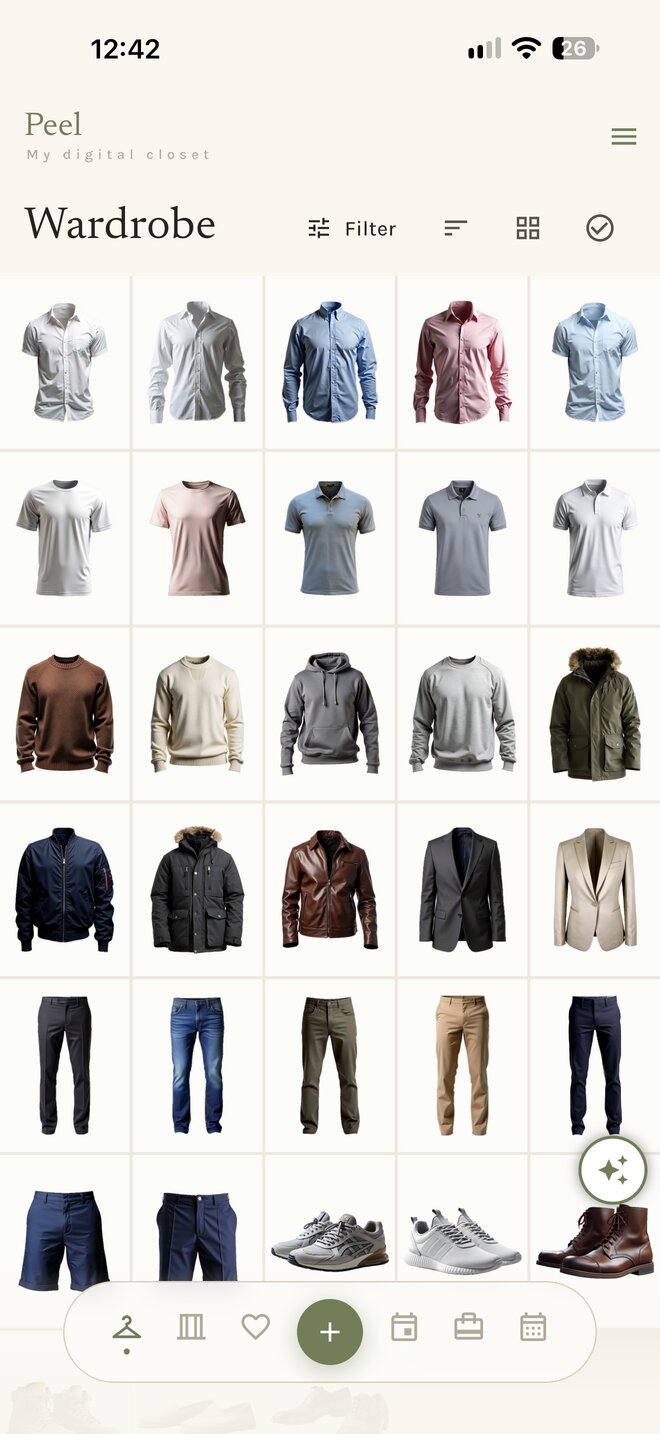 The men’s demo closet: a wardrobe grid of shirts, knits, jackets, trousers and shoes